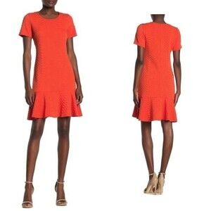 SHARAGANO Orange Textured Knit Ruffle Hem Dress 